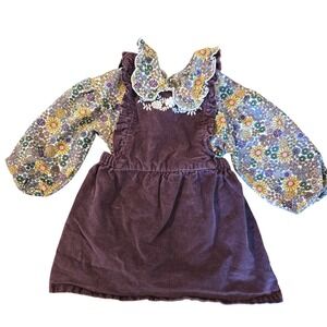 Matalan Girls Purple Corduroy Pinafore Dress and‎ Floral Top Set 2-3 Years